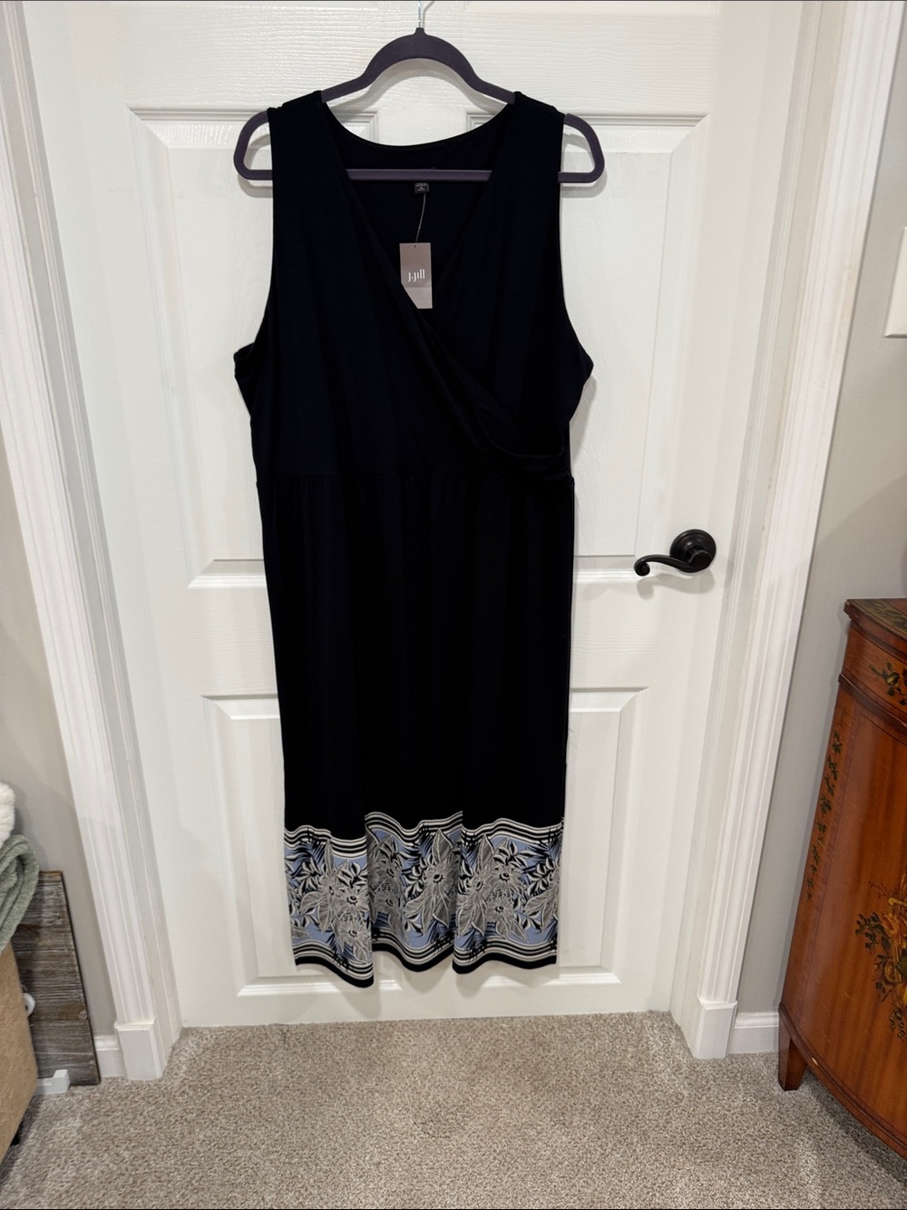 J. Jill Black Sleeveless Maxi Dress with Blue-Cream Floral Border